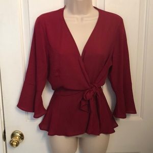 Feminine Cranberry Wrap Shirt w/ Bell Sleeve